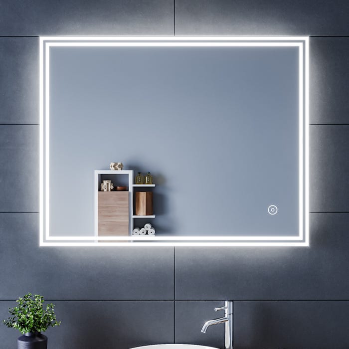 SIRHONA 90x70cm Miroir de Salle de Bains avec éclairage LED Miroir Cosmétiques Mural Lumière Illumination avec Commande par Effleurement/Anti-buée