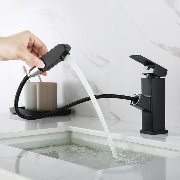 Auralum Robinet salle bain douchette noir,levier unique,eau chaude/froide avec 2 tuyaux, mitigeur lavabo robinet lavabo mitigeur salle de bain robinet