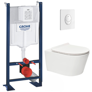 Grohe Pack WC Rapid SL autoportant + WC sans bride SAT Brevis + Abattant ultra-fin softclose Plaque blanche (ProjectBrevis-3)