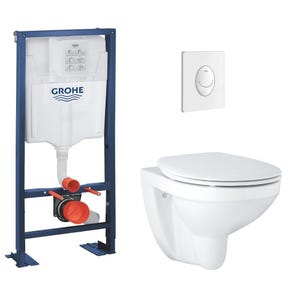 Grohe Pack WC suspendu Bau Ceramic + abattant + plaque blanche + bâti Grohe