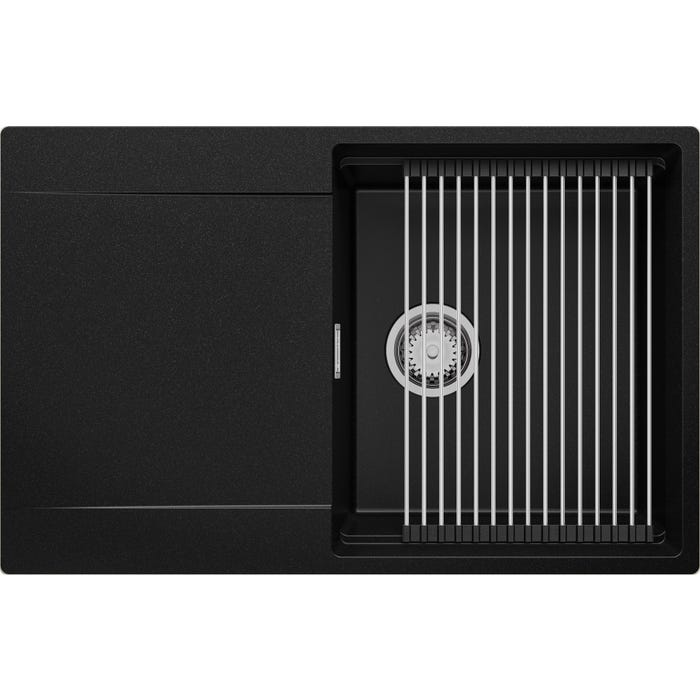 Evier Cuisine en Granit Noir, 78 x 50 cm, Lavabo 1 bac + Kit de Vidage, Évier à Encastrer San Francisco 780 de Primagran