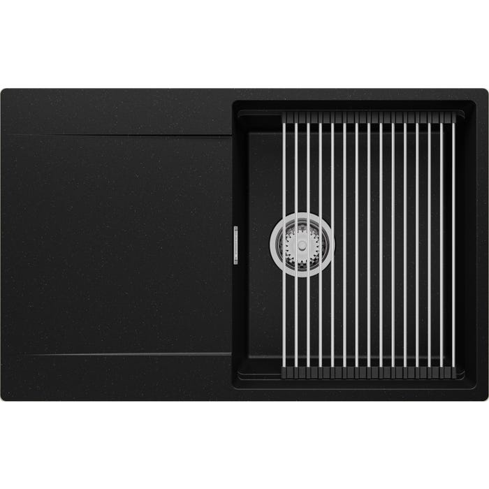 Evier Cuisine en Granit Noir Metallic, 78 x 50 cm, Lavabo 1 bac + Kit de Vidage, Évier à Encastrer San Francisco 780 de Primagran