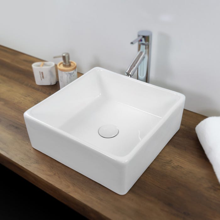 SALINE Vasque carrée à poser lavabo en céramique blanche 38 x 38 cm