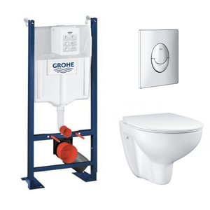 GROHE Pack WC sans bride Bau Ceramic avec abattant + Bâti support WC Rapid SL + plaque de commande chromée Start