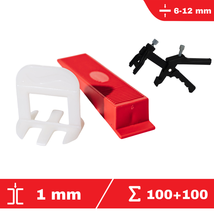 CLIP-IT kit 1 mm - 100 croisillons à cale autonivelants + 100 cales + 1 pince à niveler - FLAT-PRO - système de nivellement de carrelage