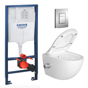 Grohe Pack WC Bâti-support Rapid SL + WC sans bride avec fonction bidet thermostatique + Plaque chrome (RapidSL-SATClean-1)