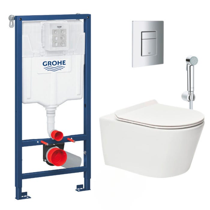 Grohe Pack WC Bâti-support Rapid SL + WC sans bride Brevis + Abattant softclose + Douchette bidet + Plaque chrome