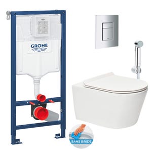 Grohe Pack WC Bâti-support Rapid SL + WC sans bride Brevis + Abattant softclose + Douchette bidet + Plaque chrome