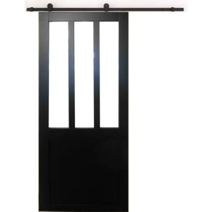 Porte Coulissante Atelier Noir H204 x L93 + Rail à roulettes et 2 Coquilles GD MENUISERIES