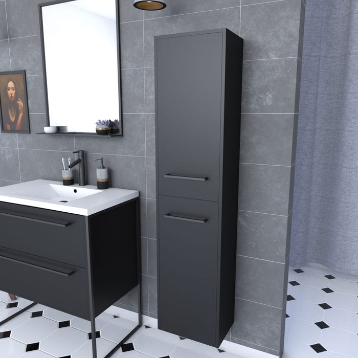 Colonne de salle de bain noir 30x35x150 cm avec 2 portes et poignées noir mat - STRUCTURA F050