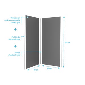 LOT de 2 Panneaux Muraux Aluminium GRIS 90+90x210 cm avec Profilés ANODISE BRILLANT - WALL'IT