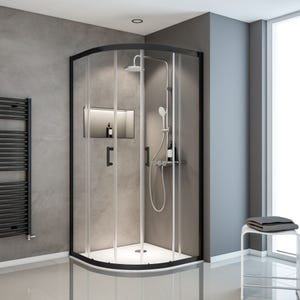 Schulte paroi de douche acces d'angle arrondi, 90 x 90 x 190 cm avec portes de douche coulissantes, 5 mm, verre transparent, noir, Sunny
