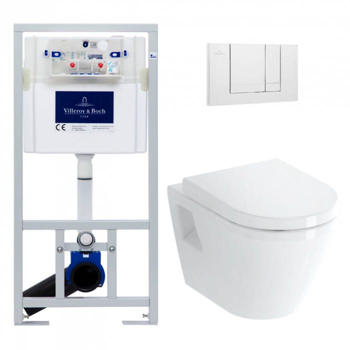 Villeroy & Boch Pack WC Bâti-support Viconnect + WC Vitra Integra + Abattant en Duroplast + Plaque Blanche