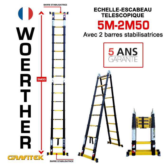 Echelle-escabeau télescopique 5m/2m50 Woerther avec double barres stabilisatrices - Garantie 5 ans - Qualité supérieure