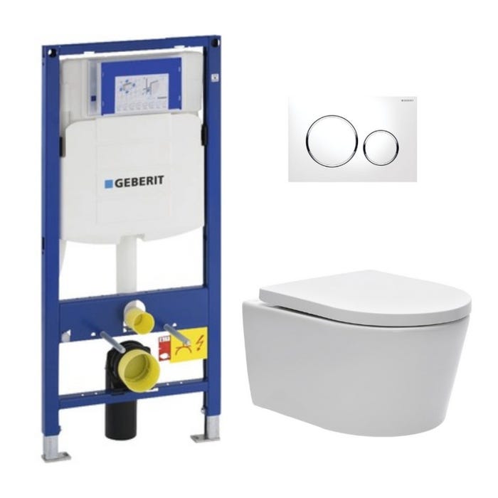 Pack WC Bati-support Geberit Cuvette SAT rimless fixations invisibles + Abattant softclose + Plaque blanc chrome GebSatrimless-C