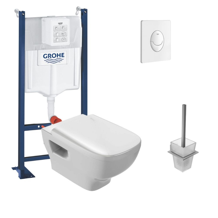 Pack WC suspendu sans bride JACOB DELAFON Struktura + Bati-support GROHE + plaque Start blanc + porte-balai carré