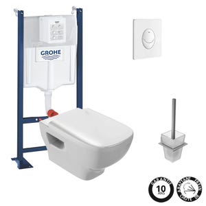 Pack WC suspendu sans bride JACOB DELAFON Struktura + Bati-support GROHE + plaque Start blanc + porte-balai carré