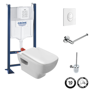 Pack WC suspendu sans bride JACOB DELAFON Struktura + Bati-support GROHE + plaque Start blanc + porte-balai + porte-rouleau rond