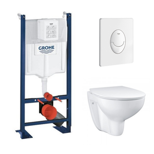 GROHE Pack WC sans bride Bau Ceramic avec abattant + Bâti support WC Rapid SL + plaque de commande blanche Start