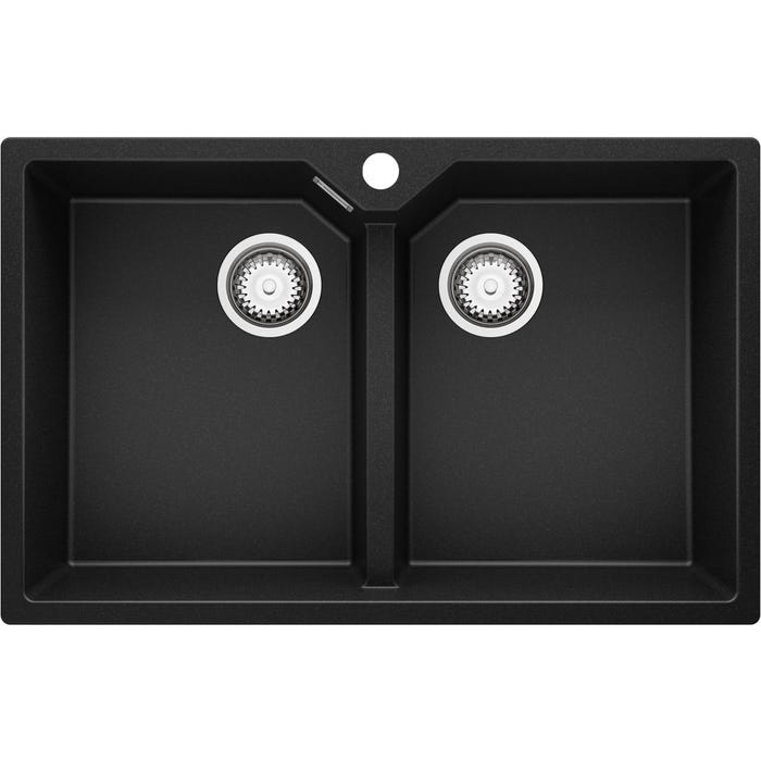 Evier Cuisine en Granit Noir, 78 x 50 cm, Lavabo Cuisine 2 bac + Kit de Vidage, Évier à Encastrer Madrid 80 Twin de Primagran