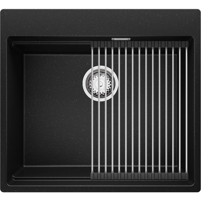 Evier Cuisine Noir Metallic, 58 x 53 cm, Evier en Granit 1 bac + Kit de Vidage, Evier a Encastrer de Primagran