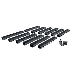 Pack de 12 Caniveaux extérieurs avec grille à fentes longitudinales en plastique recyclé noir MEAPARK - Largeur utile 10cm – passage piéton