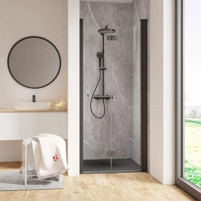 Schulte Porte de douche pivotante-pliante, verre 6 mm, profilé noir, Garant, 90 x 200 cm, ouverture vers la droite