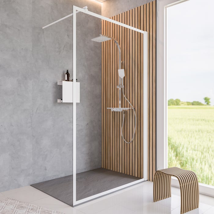 Schulte Paroi de douche à l'italienne, cadre sérigraphié blanc mat, paroi de douche fixe, style industriel, verre 6 mm, 140 x 200 cm