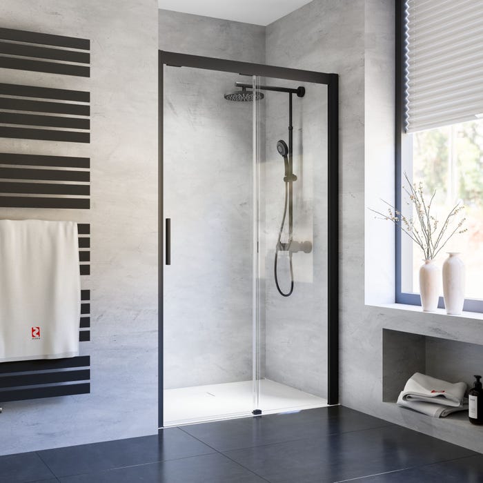 Schulte Porte de douche coulissante, verre 8 mm anticalcaire, profilé noir, Impériale 8, softclose, 100 x 200 cm, ouverture à gauche