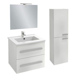 Meuble vasque JACOB DELAFON Ola Up + colonne de salle de bain + miroir et spots | Blanc brillant