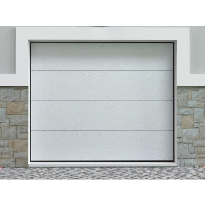 Porte de garage sectionnelle effet bois blanc avec moteur Somfy L254 x H218 cm - PRIETA