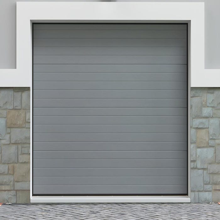 Porte de garage sectionnelle effet rainuré gris avec moteur Somfy L254 x H218 cm - NORIA