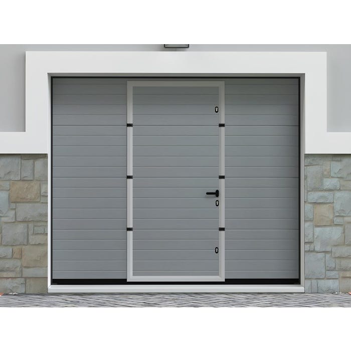 Porte de garage sectionnelle effet rainuré portillon central gris avec moteur Somfy L254 x H213 cm - NORIA