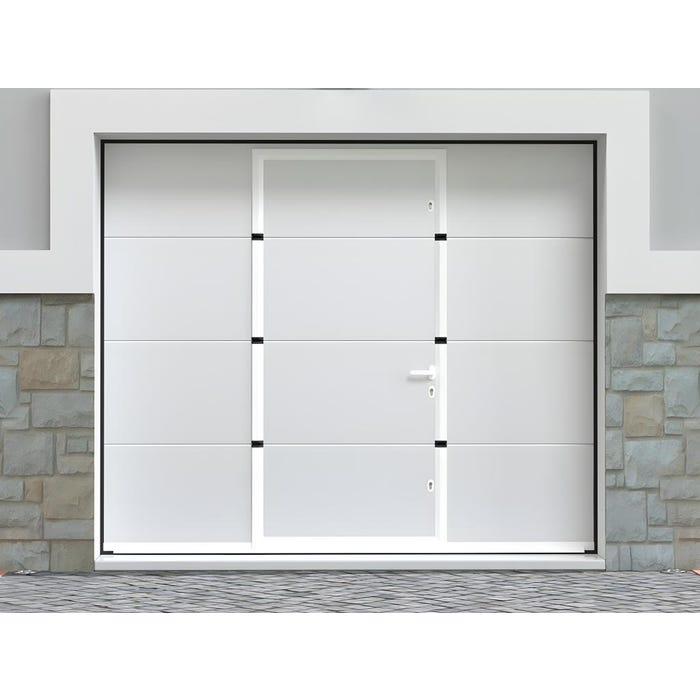 Porte de garage sectionnelle effet lisse portillon central blanc avec moteur Somfy L254 x H213 cm - LAVEGA
