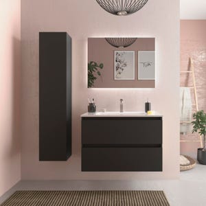 Meuble salle de bain - 80 cm - Avec plan vasque - Noir mat - A suspendre - KARAIB