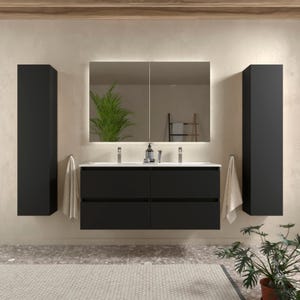 Meuble salle de bain - 120 cm - Plan double vasques céramique - Noir mat - A suspendre - KARAIB