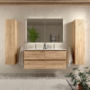 Meuble salle de bain - 120 cm - Plan double vasques céramique - Effet chêne brut - A suspendre - KARAIB