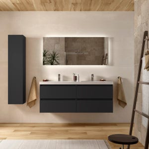 Meuble salle de bain - 140 cm - Plan double vasques charge minérale - Noir mat - A suspendre - KARAIB