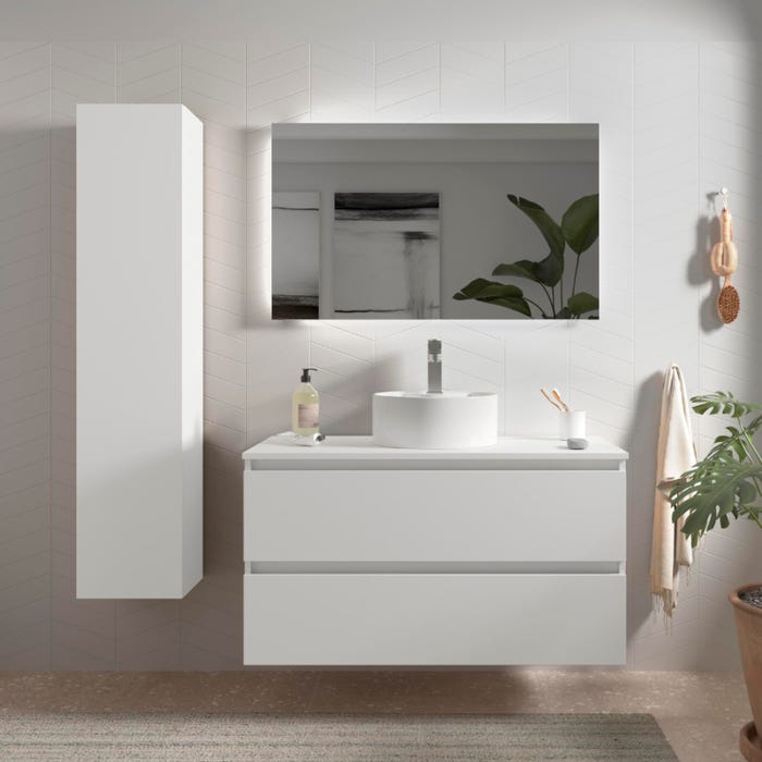 Meuble salle de bain - 100 cm - avec vasque à poser - Blanc mat - A suspendre - KARAIB