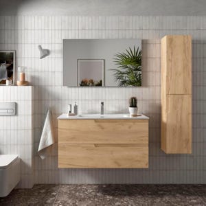 Meuble salle de bain - 100 cm - avec plan vasque - Effet chêne brut - A suspendre - TANIDA