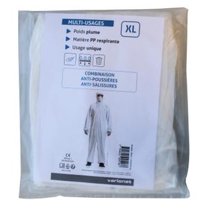 Combinaison anti-poussière et anti-salissures blanche, cousue avec 2 poches, fermeture à zip, cagoule - Taille XL
