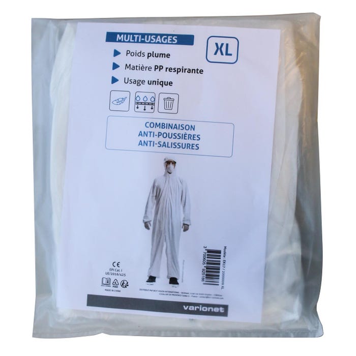 Combinaison anti-poussière et anti-salissures blanche, cousue avec 2 poches, fermeture à zip, cagoule - Taille XL
