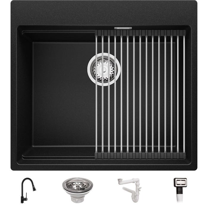 Evier Cuisine Noir, 58 x 53 cm, Evier en Granit 1 bac + Robinet 9700 + Kit de Vidage, Evier a Encastrer de Primagran