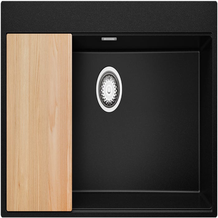 Évier Cusine en Granit Noir 88x50 cm, Lavabo Cuisine 1 Bac + Kit de Vidage, Évier au meuble 90cm, Évier à Encastrer de Primagran
