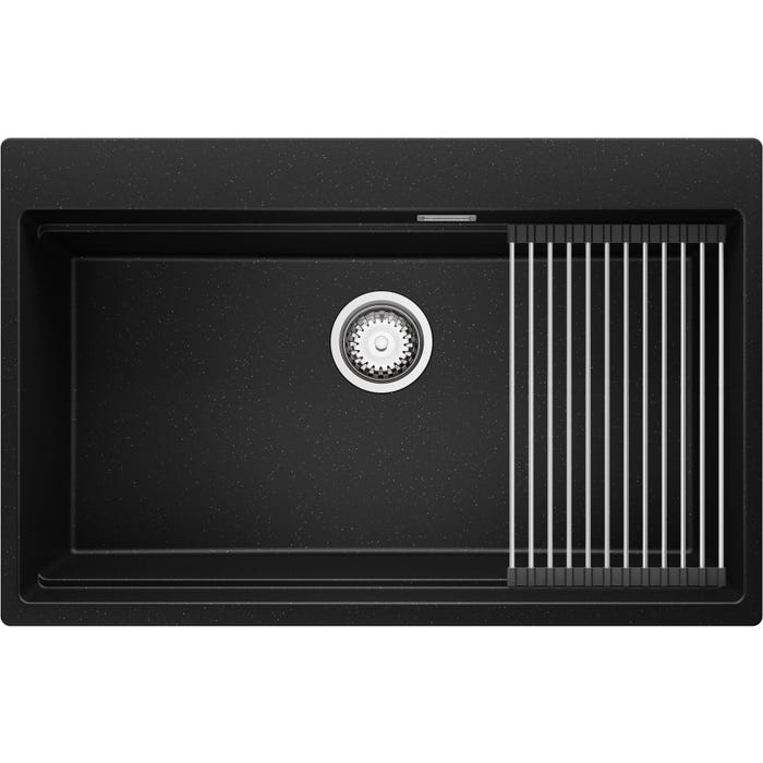 Evier Cuisine en Granit Noir Metallic, 78 x 50 cm, Lavabo 1 bac + Kit de Vidage, Évier à Encastrer de Primagran