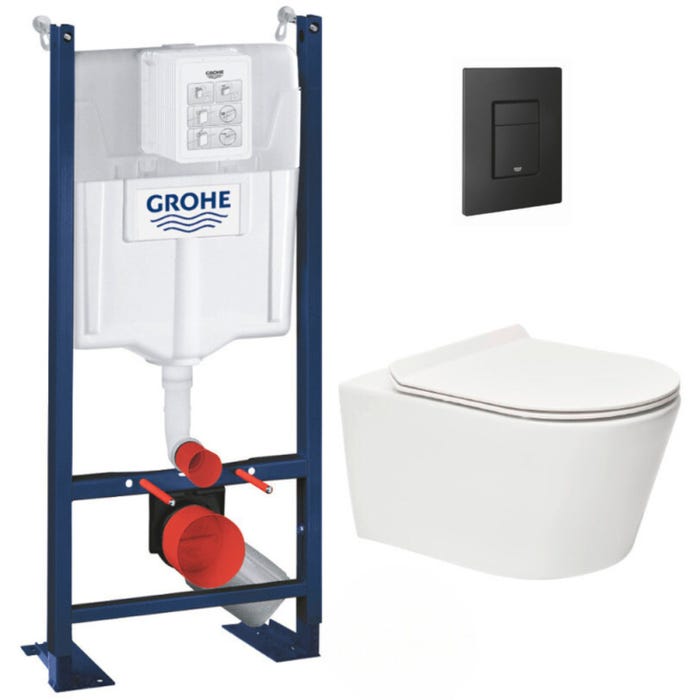 Grohe Pack WC Rapid SL autoportant + WC sans bride SAT Brevis + Abattant ultra-fin softclose + Plaque noir mat