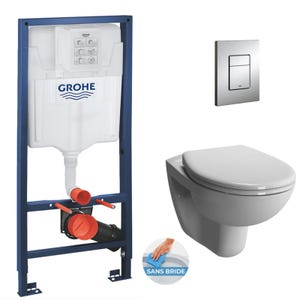 Grohe Pack WC Bâti-support Rapid SL + Vitra Normus WC suspendu sans bride + Abattant frein de chute + Plaque Chrome