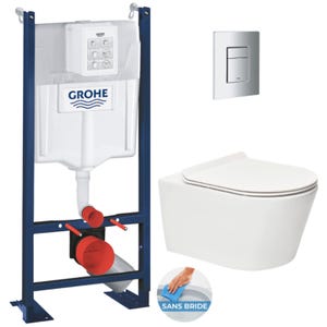 Grohe Pack WC Bâti autoportant + WC sans bride SAT Brevis + Abattant ultra-fin softclose + Plaque chrome mat (ProjectBrevis-5)
