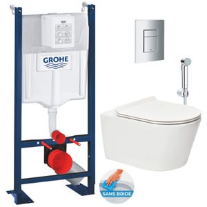 Grohe Pack WC Bâti autoportant + WC sans bride SAT Brevis + Abattant ultra-fin softclose + Douchette bidet + Plaque chrome mat