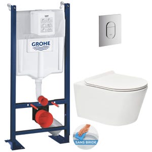 Grohe Pack WC Bâti autoportant + WC sans bride SAT Brevis + Abattant ultra-fin softclose + Plaque chrome (ProjectBrevis-8)